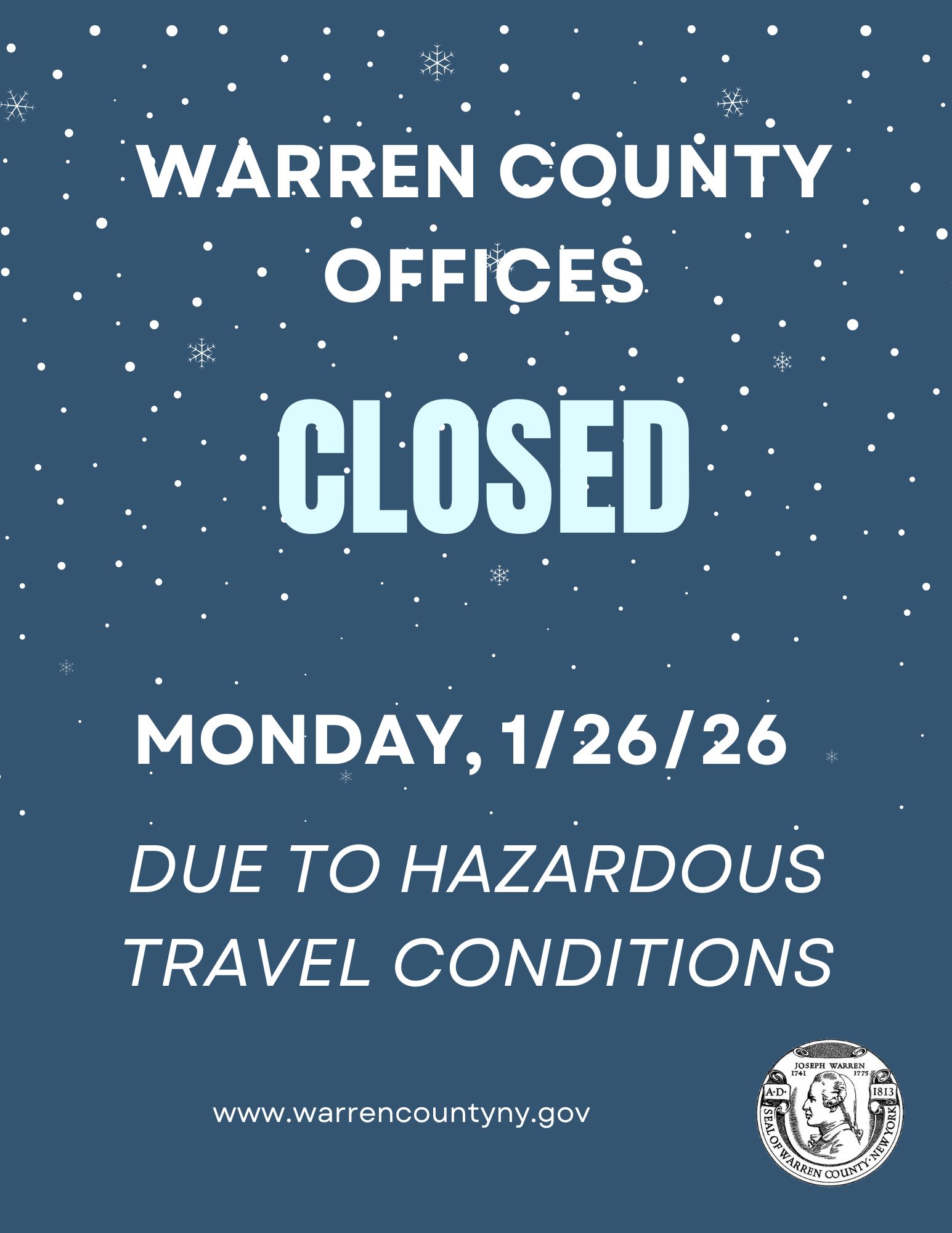 Graphic listing Warren County office closure on January 26, 2026 because of snowstorm
