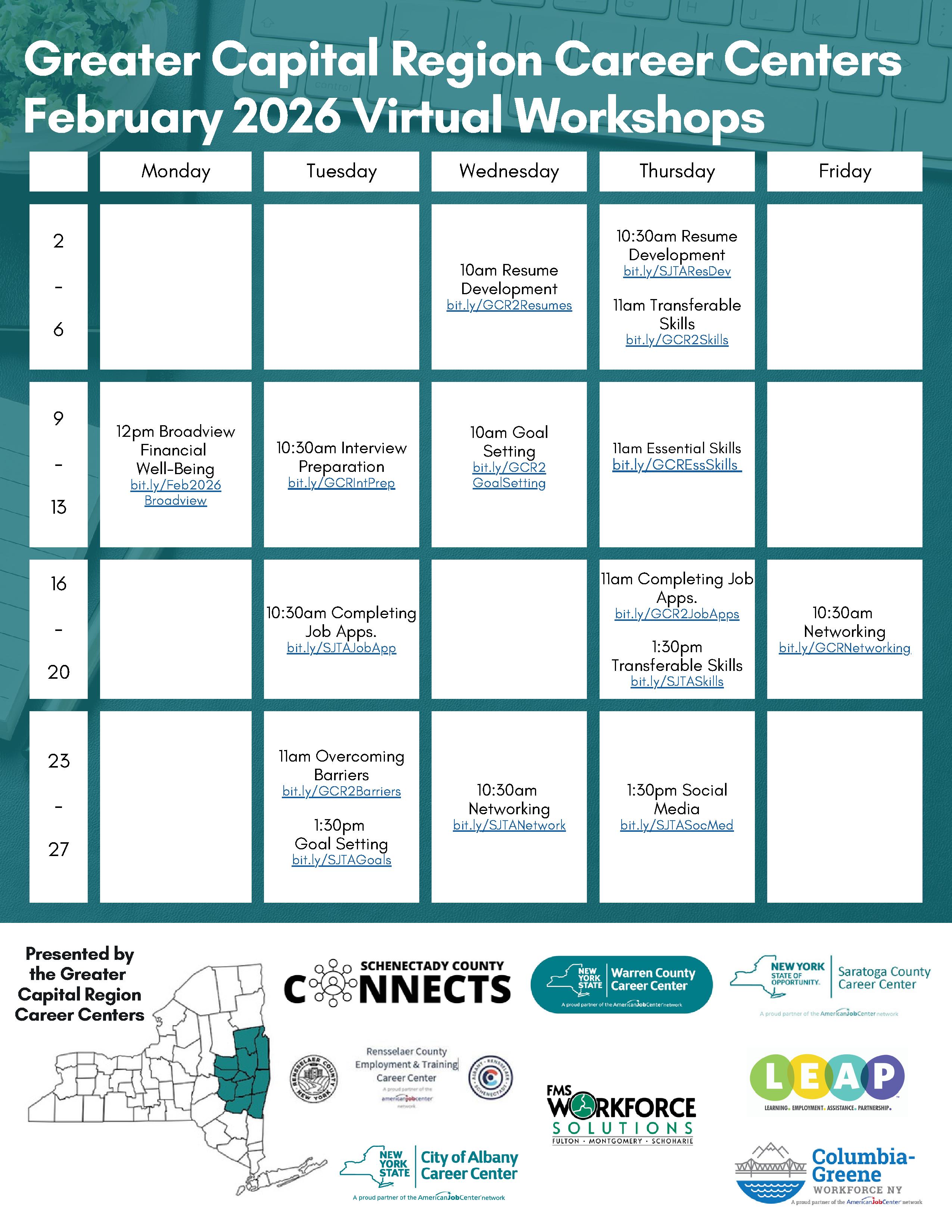 Calendar detailing free career workshops through Warren County Career Center