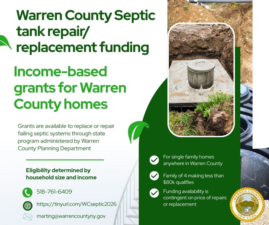 flyer detailing the availbility of funding to repair or replace septic systems by calling Warren County Planning Department at 518-761-6409
