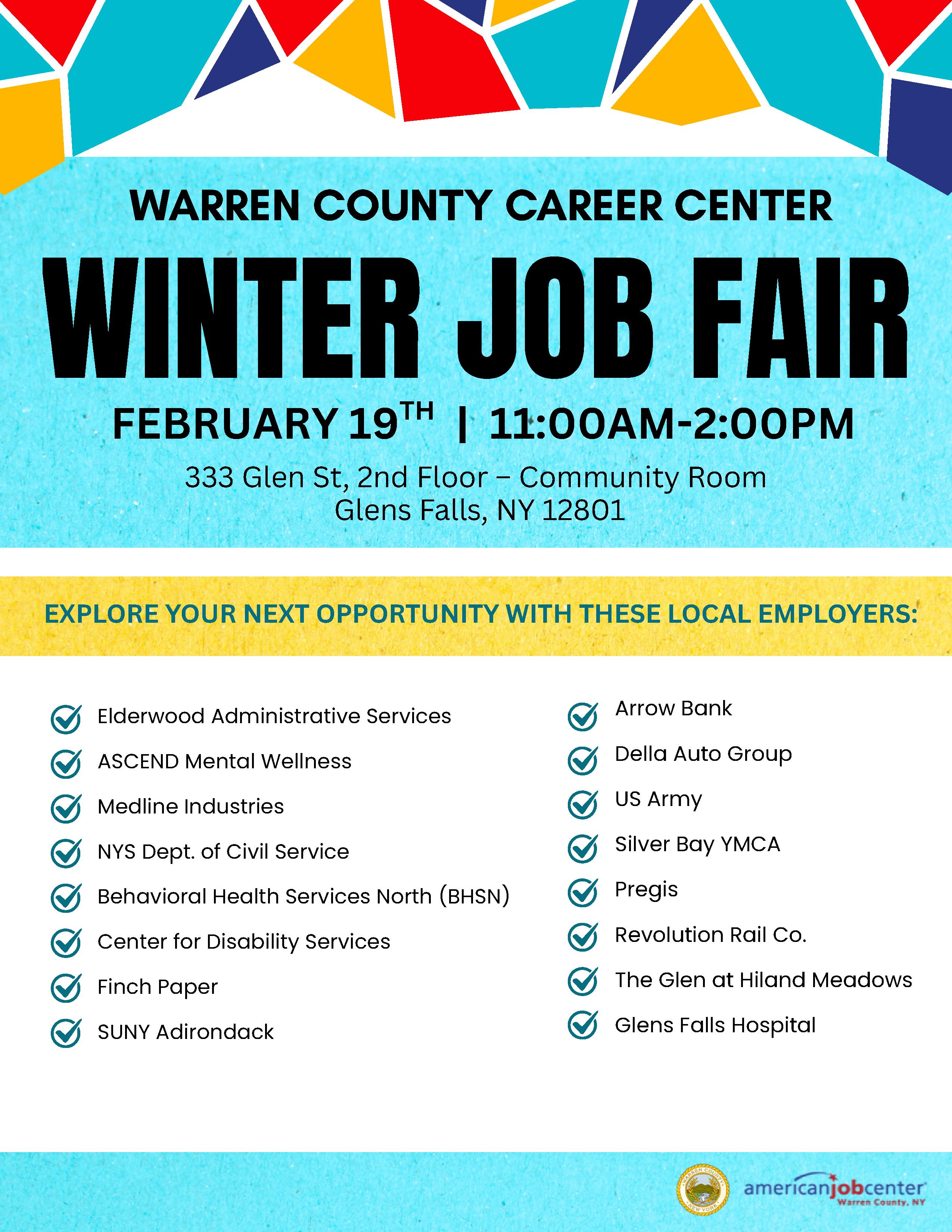 flyer detailing February 19, 2026 job fair at 333 glen street, glens falls from 11 a.m. to 2 p.m.