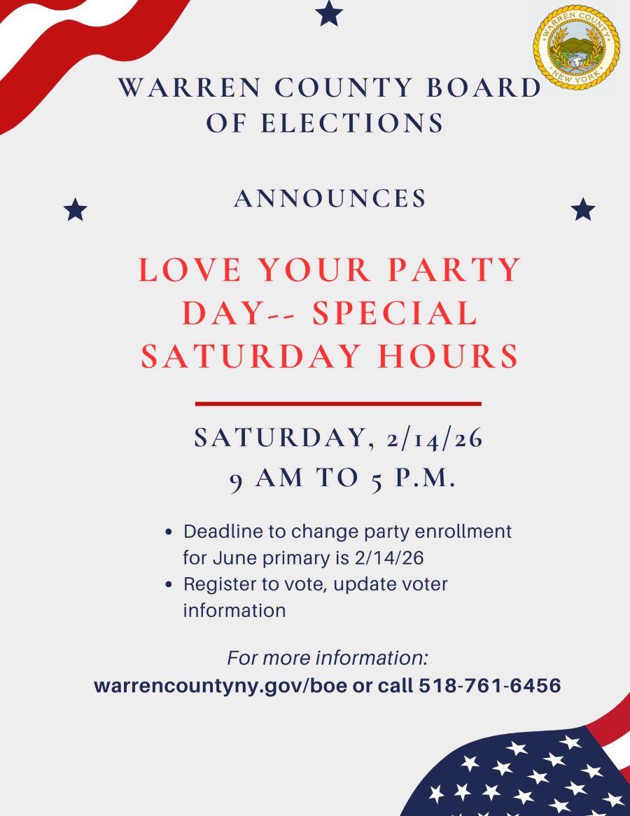 Flyer that details special hours for Warren County Board of Elections at Warren County Municipal Center on Saturday, February 14, 2026