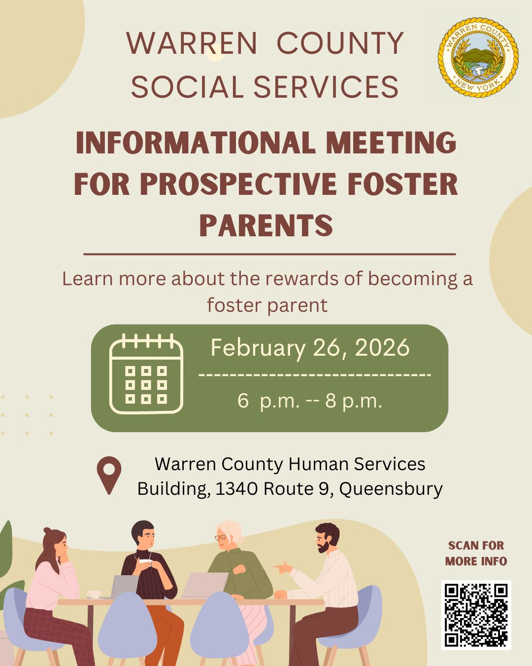 flyer detailing a February 26, 2026 meeting about foster parenting to be held at warren county municipal center, starting at 6 p.m.