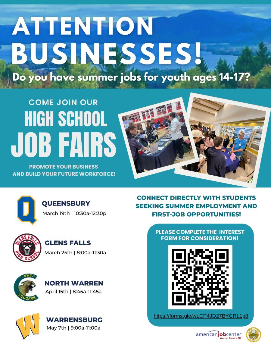 Interest form for businesses to be part of Spring 2026 job fairs, call 518-743-0925