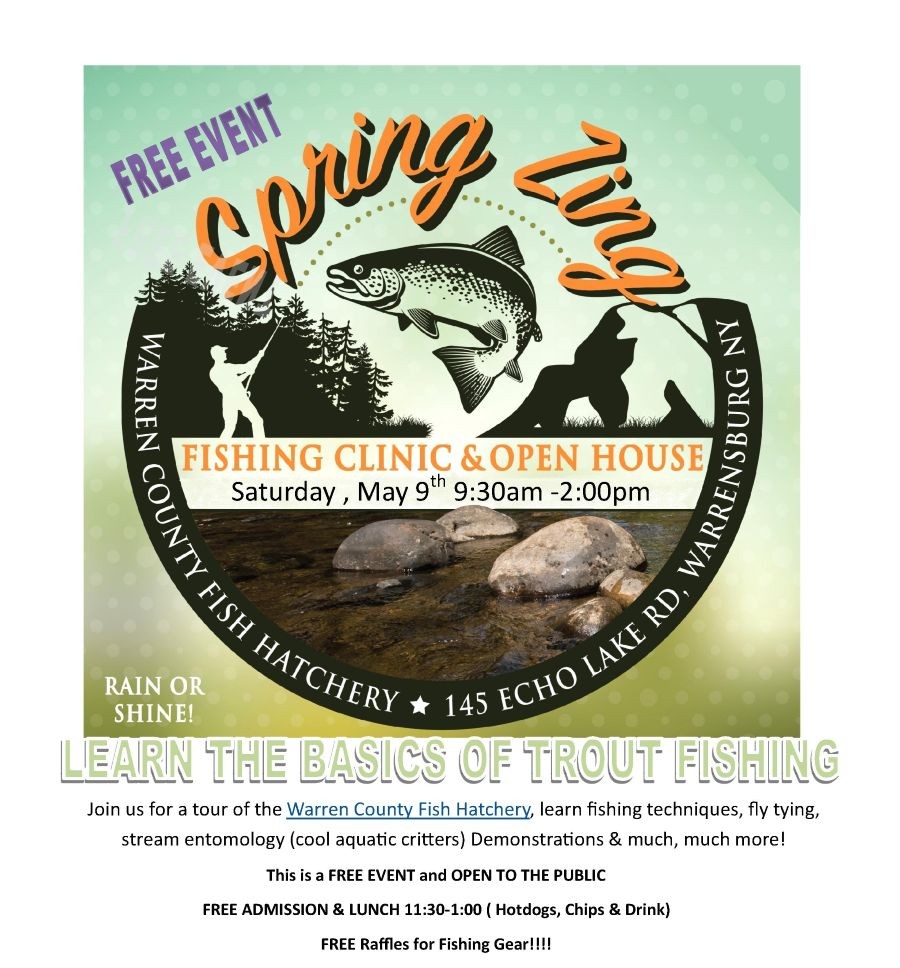 flyer with fish pictured for spring zing 2026 May 9 at Warren County fish hatchery