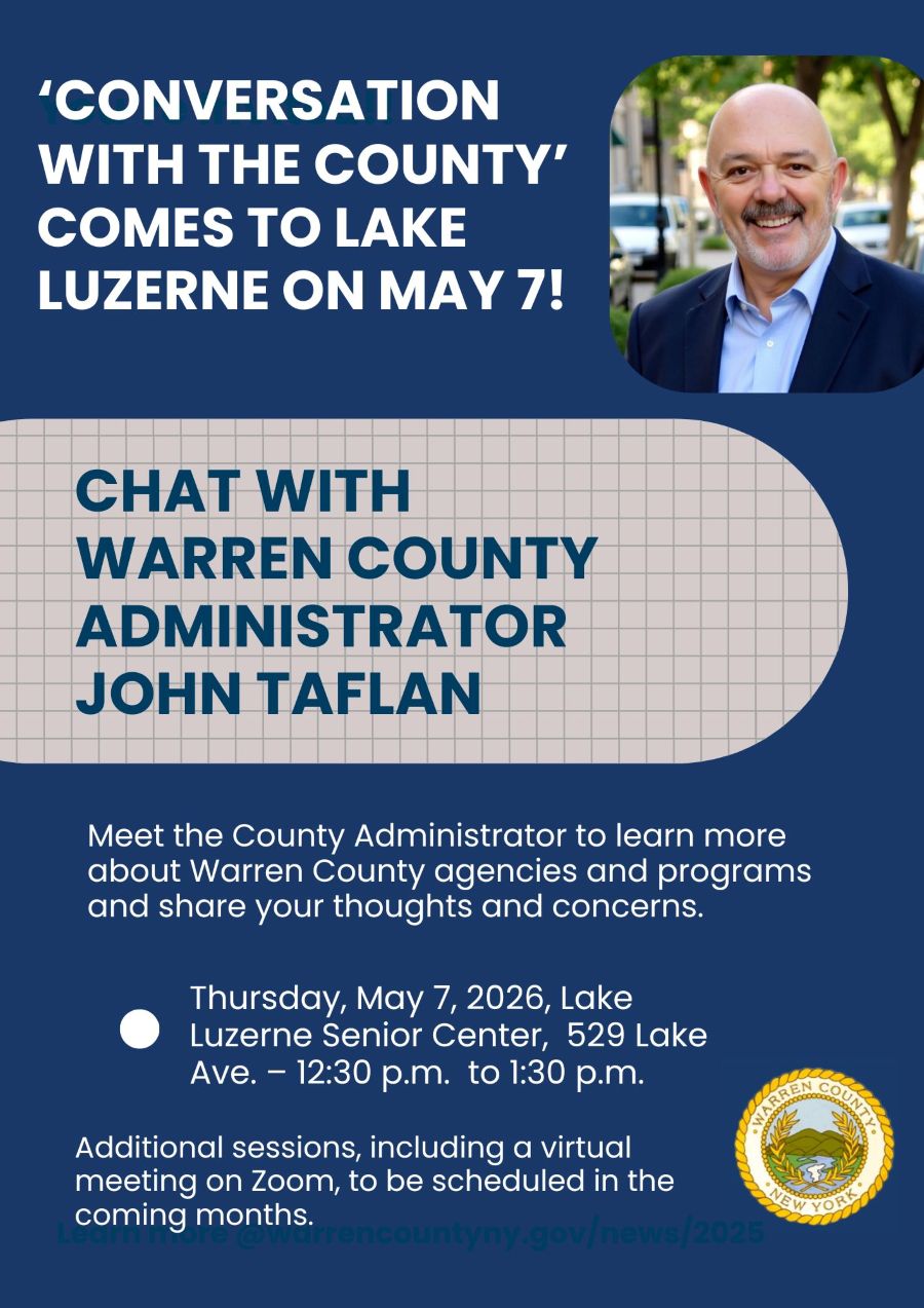flyer detailing May 7 listening session at Lake Luzerne Senior Center, from 12:30 p.m. to 1:30 p.m.