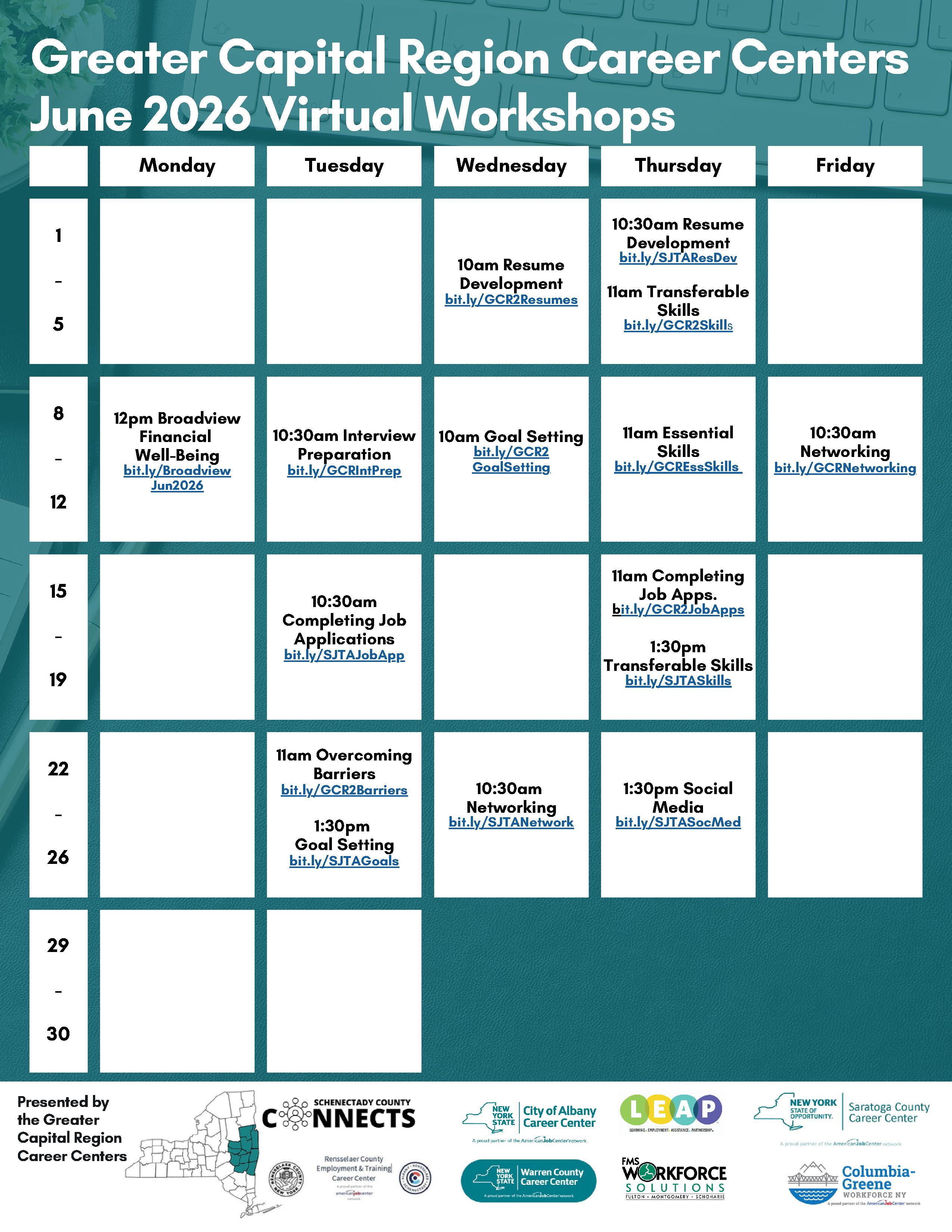 June calendar of free career workshops