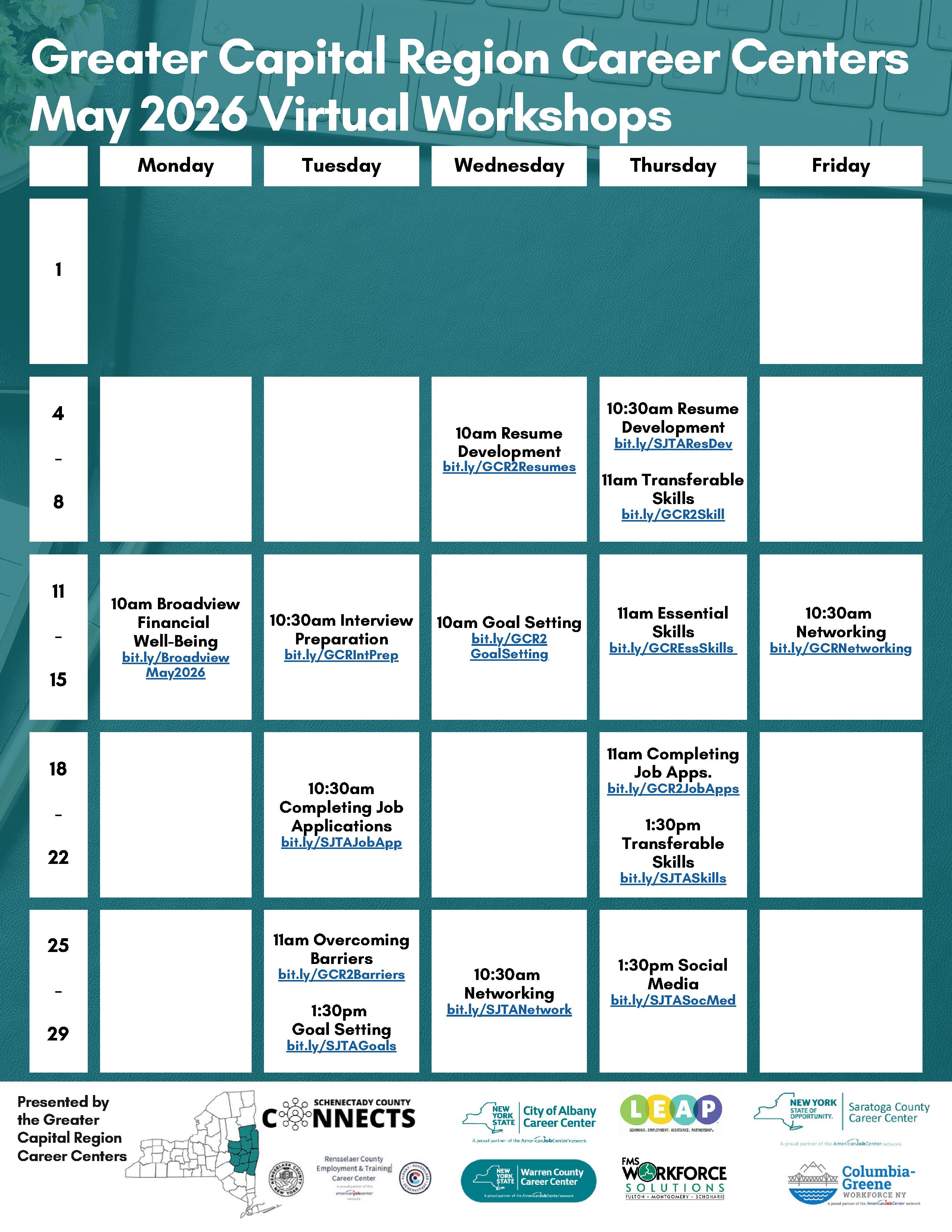 may schedule for career workshops