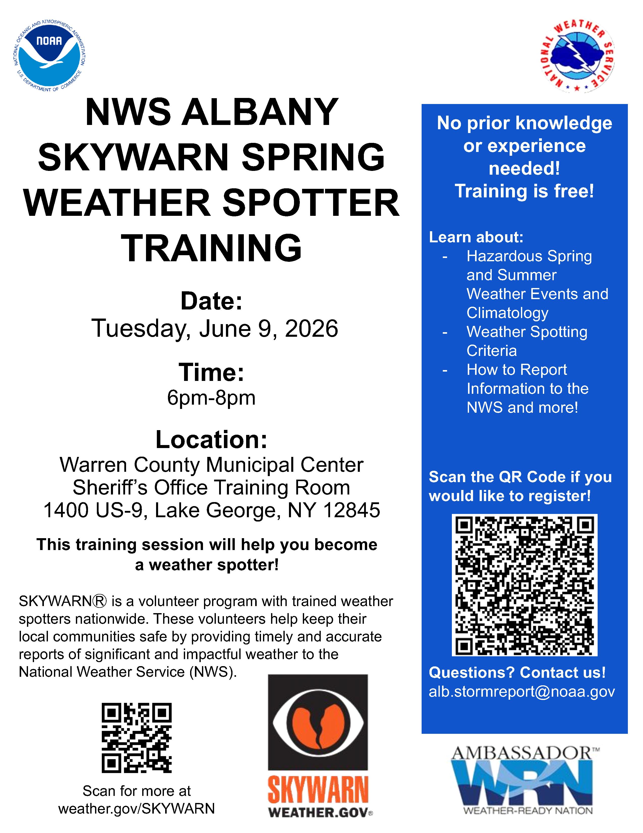 flyer detailing skywarn weather spotter training June 9, 2026 in Queensbury