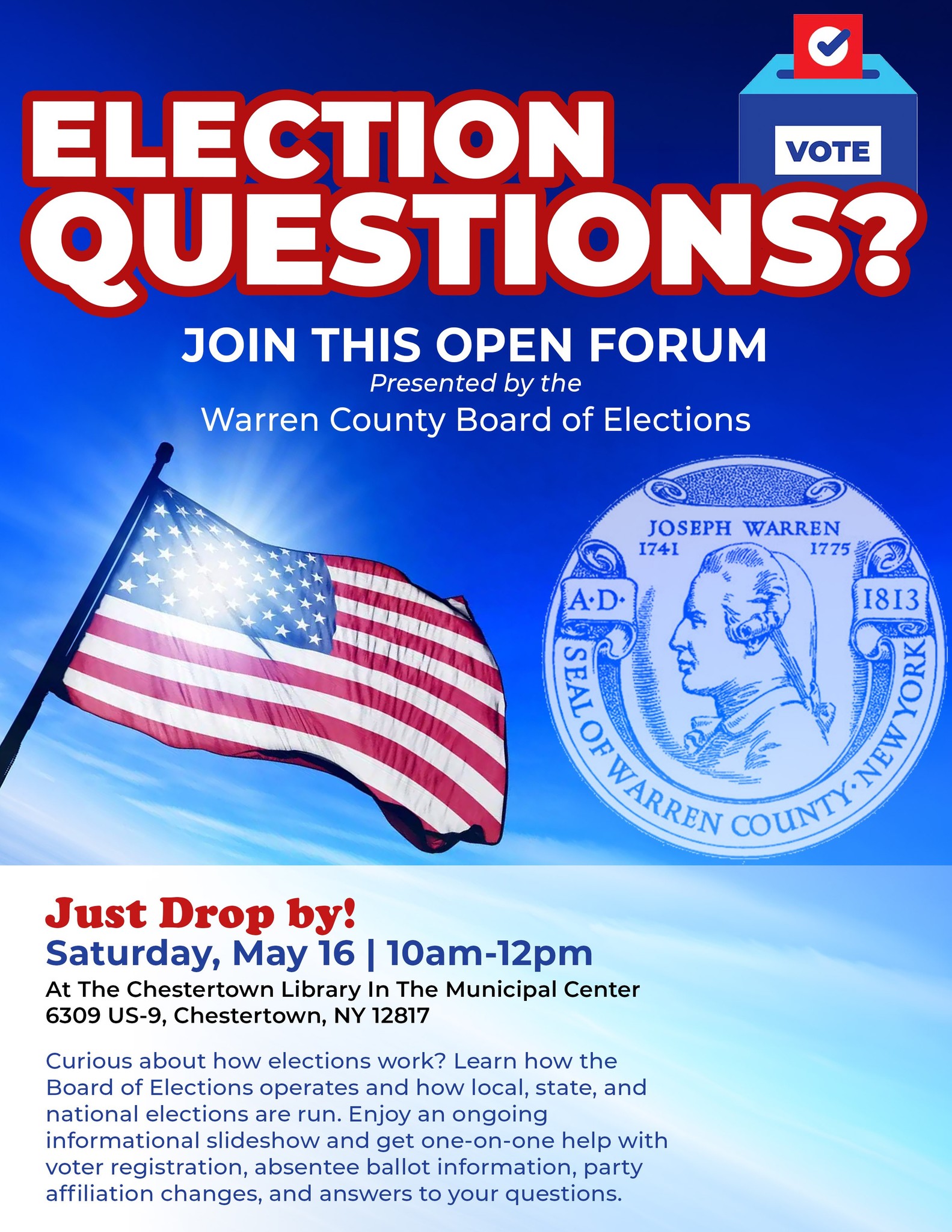 flyer detailing May 16, 2026 voter education event at Town of Chester Library from 10 a.m. to noon