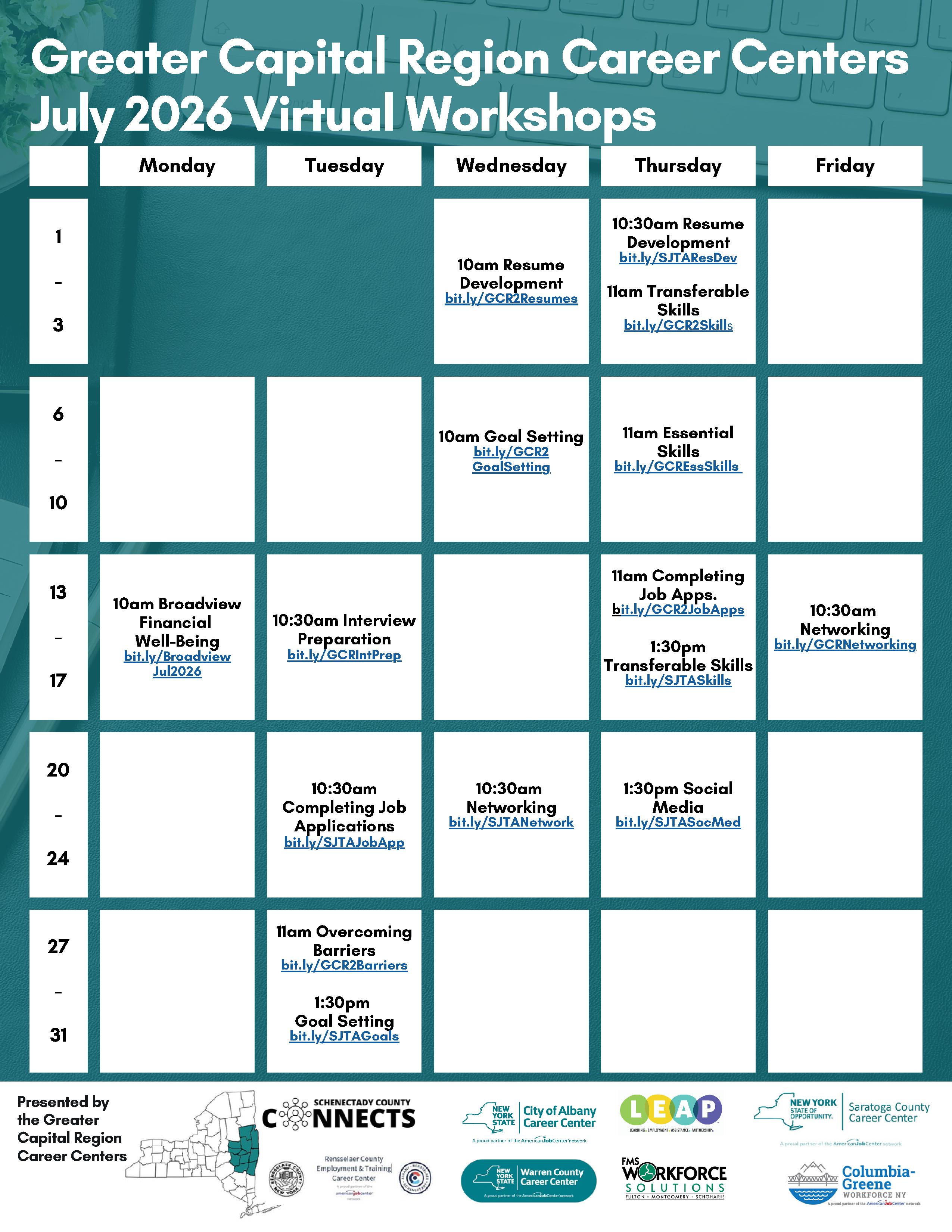 july calendar of free career workshops
