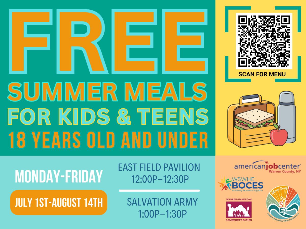 sign detailing operation food chain in glens falls July 1 to august 14, free meals for kids