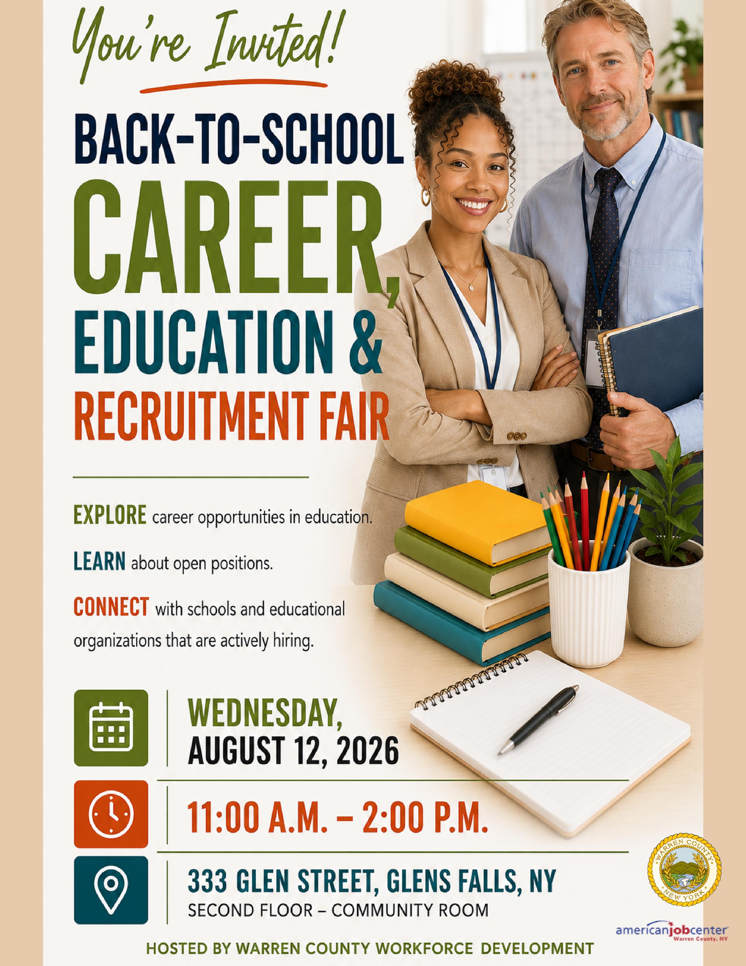 flyer advertising job fair in glens falls on August 12, 2026
