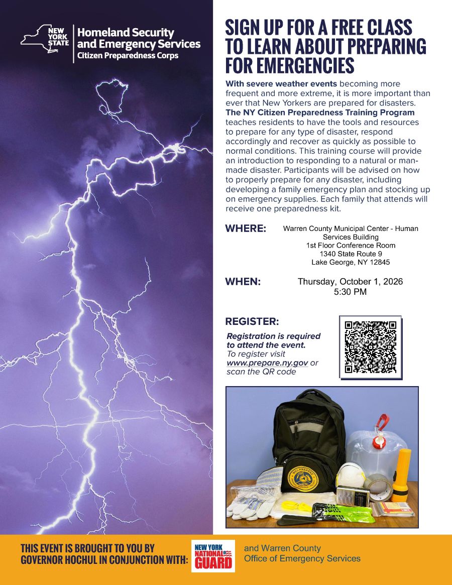 flyer detailing 10/1/26 emergency preparedness training in queensbury