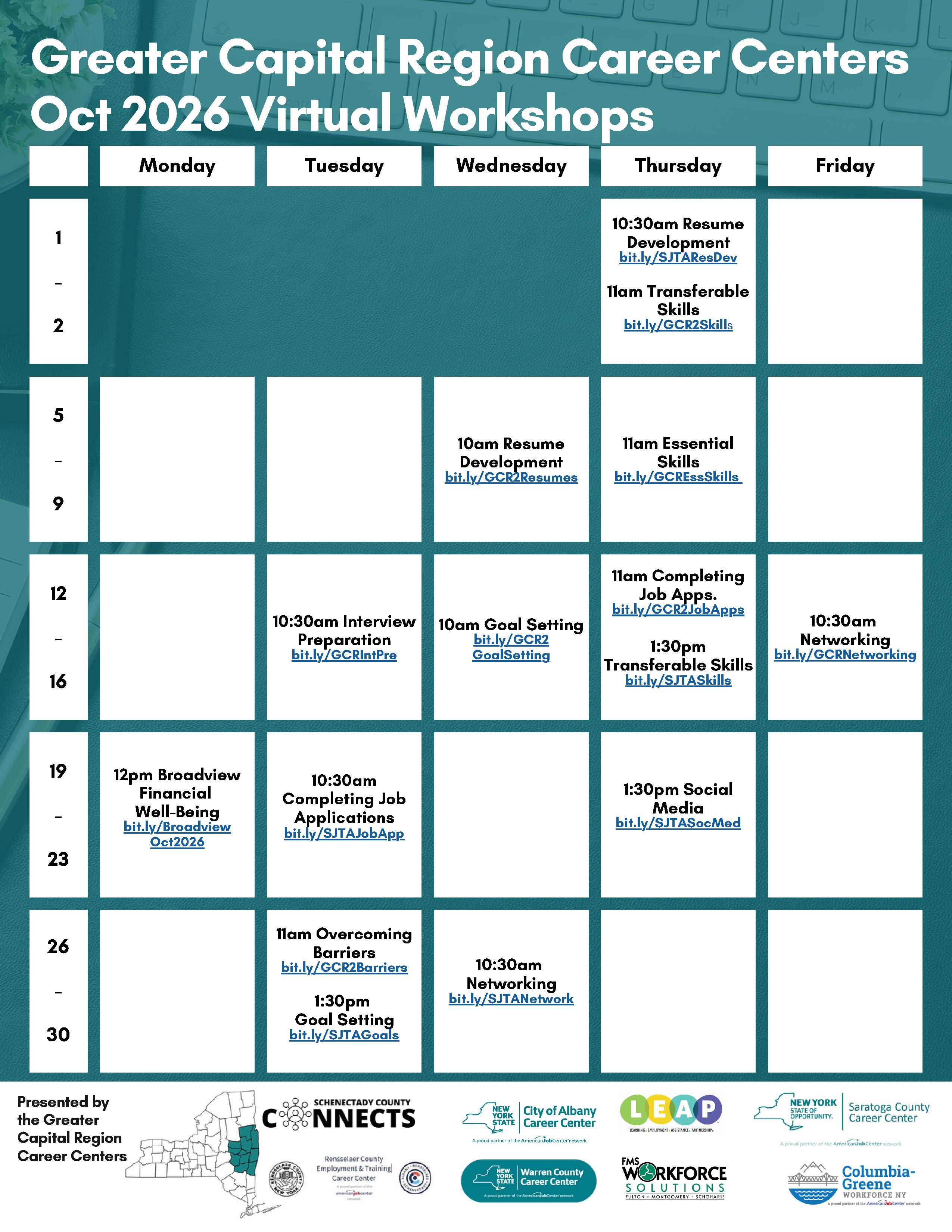 october 2026 career workshop calendar