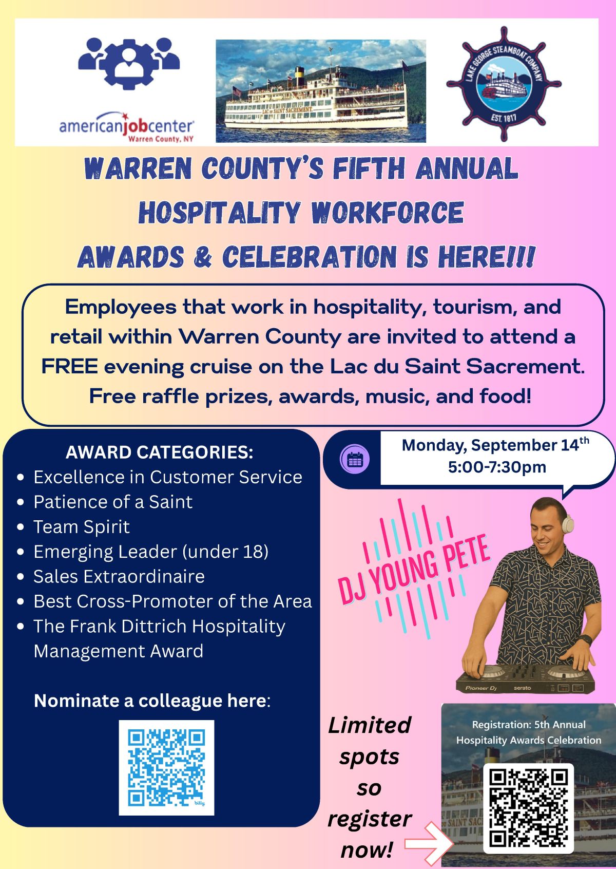 flyer for 2026 summer worker celebration in Lake George on September 14, 2026