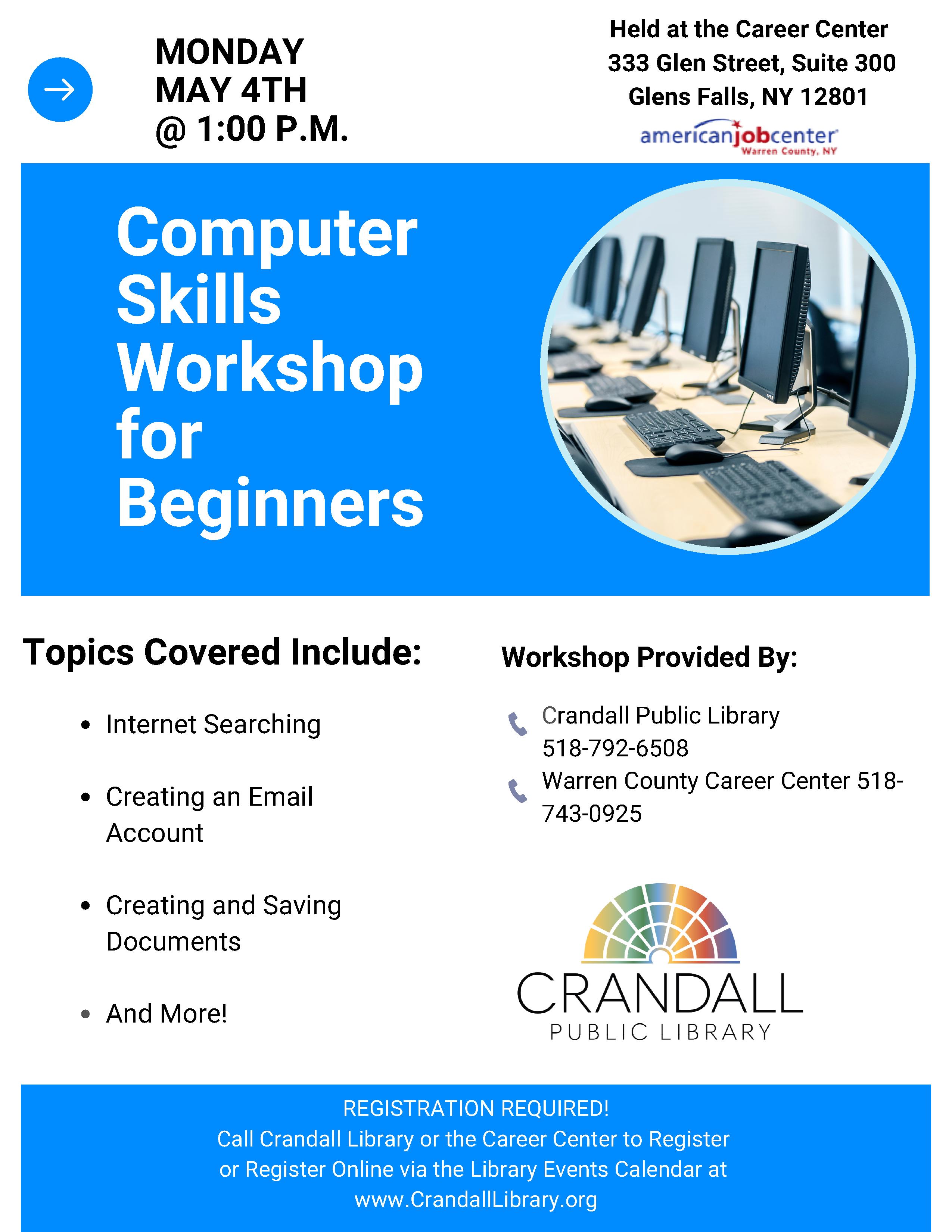 flyer for May 4, 2026 computer skills workfshop in glens falls