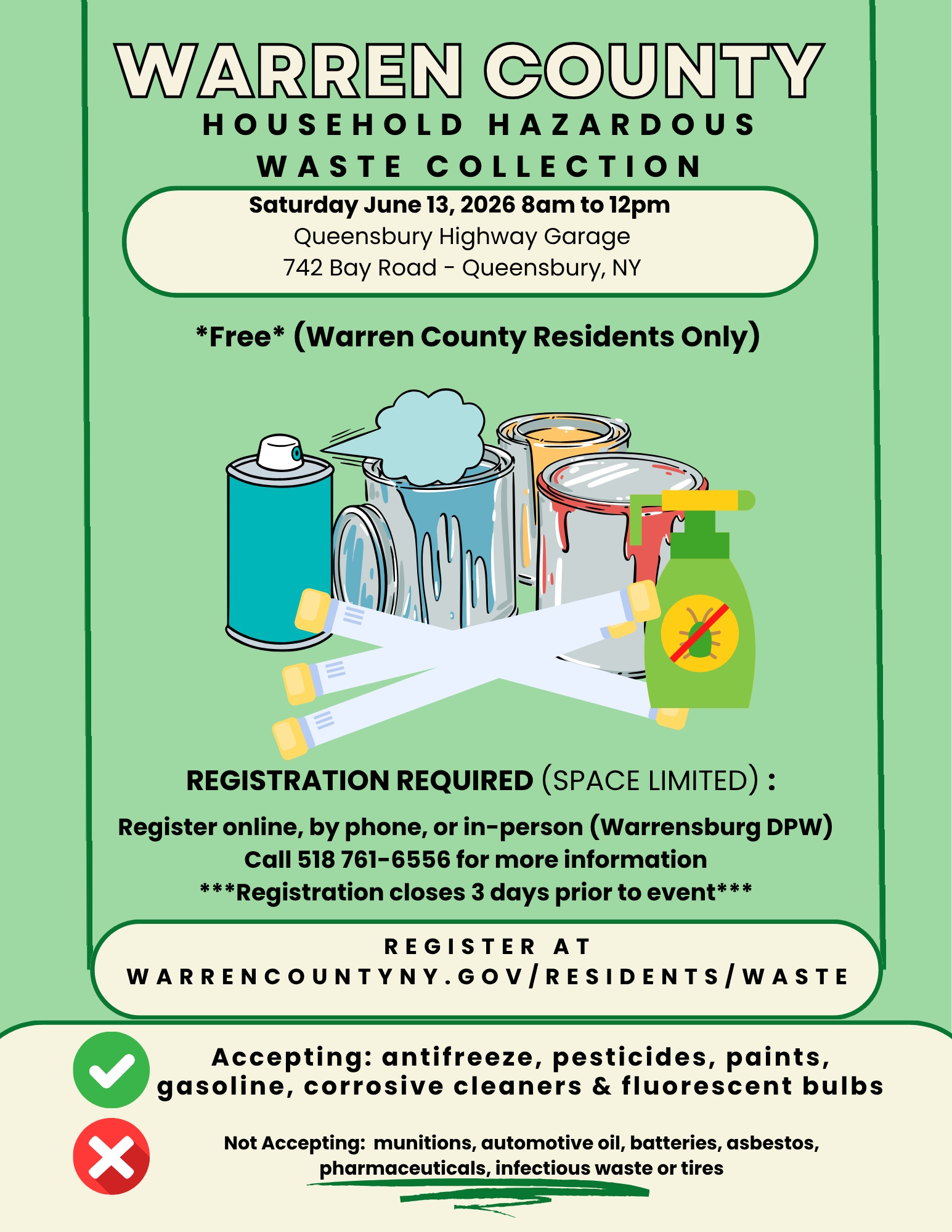 Flyer detailing Warren County Hazardous Waste dropoff event on Queensbury Jun 13, 2026