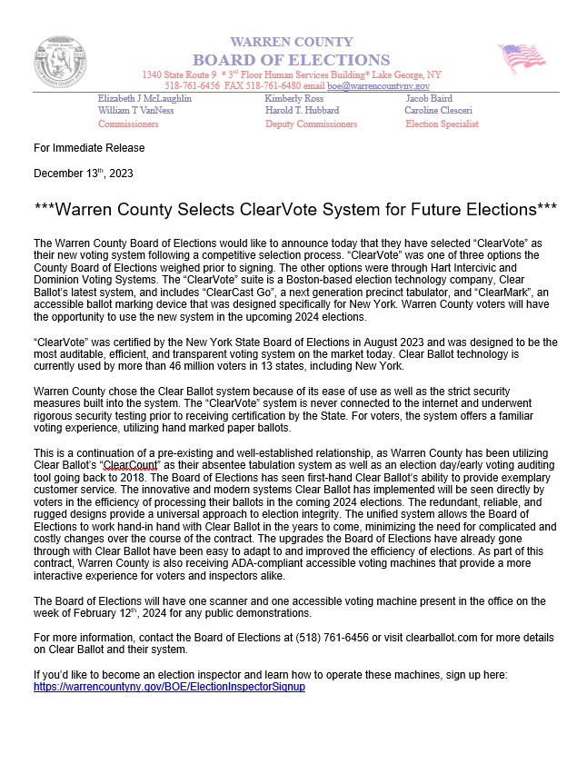 Warren County Announces Partnership with Clear Ballot Group for New Voting Machines
