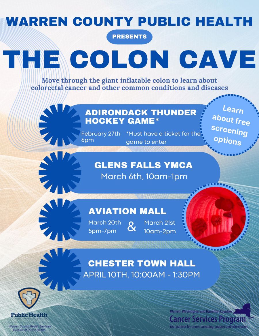 flyer detailing colon education program dates march 6 at Glens Falls ymca, march 20-21 at Aviation Mall, April 10 at Chester Town Hall