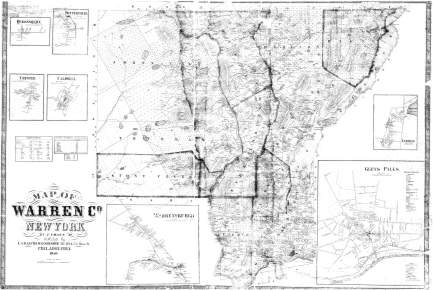 A highly detailed map of Warren County, circa 1858, with some water damage