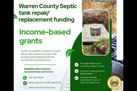 flyer detailing the availbility of funding to repair or replace septic systems by calling Warren County Planning Department at 518-761-6409