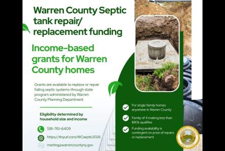 flyer detailing the availbility of funding to repair or replace septic systems by calling Warren County Planning Department at 518-761-6409