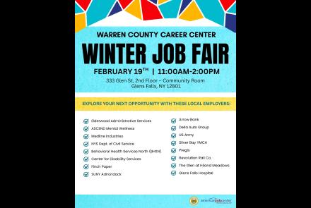 flyer detailing February 19, 2026 job fair at 333 glen street, glens falls from 11 a.m. to 2 p.m.