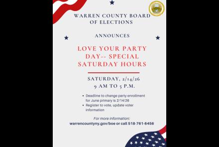 Flyer that details special hours for Warren County Board of Elections at Warren County Municipal Center on Saturday, February 14, 2026