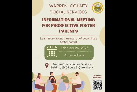 flyer detailing a February 26, 2026 meeting about foster parenting to be held at warren county municipal center, starting at 6 p.m.