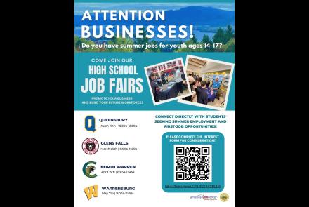 Interest form for businesses to be part of Spring 2026 job fairs, call 518-743-0925
