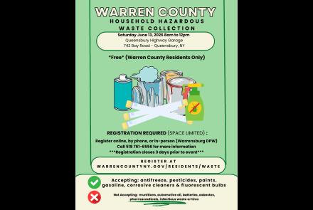 Household Hazardous waste event flyer, event set for june 13, 2026 at Queensbury Town Hall