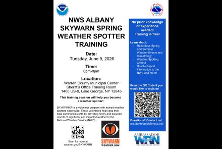 flyer detailing skywarn weather spotter training June 9, 2026 in Queensbury