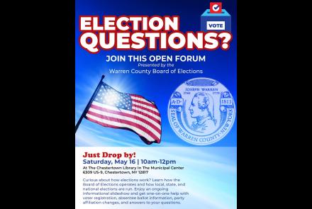 flyer detailing May 16, 2026 voter education event at Town of Chester Library from 10 a.m. to noon