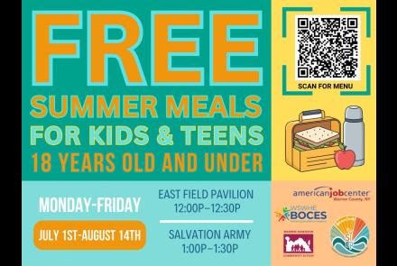 sign detailing operation food chain in glens falls July 1 to august 14, free meals for kids