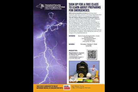 flyer detailing 10/1/26 emergency preparedness training in queensbury
